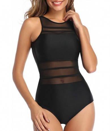 One-Pieces Women Mesh One Piece Swimsuit High Neck See Through Backless Bathing Suit Swimwear - Black - C1192WL478A $32.59