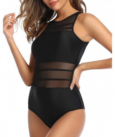 One-Pieces Women Mesh One Piece Swimsuit High Neck See Through Backless Bathing Suit Swimwear - Black - C1192WL478A $32.59