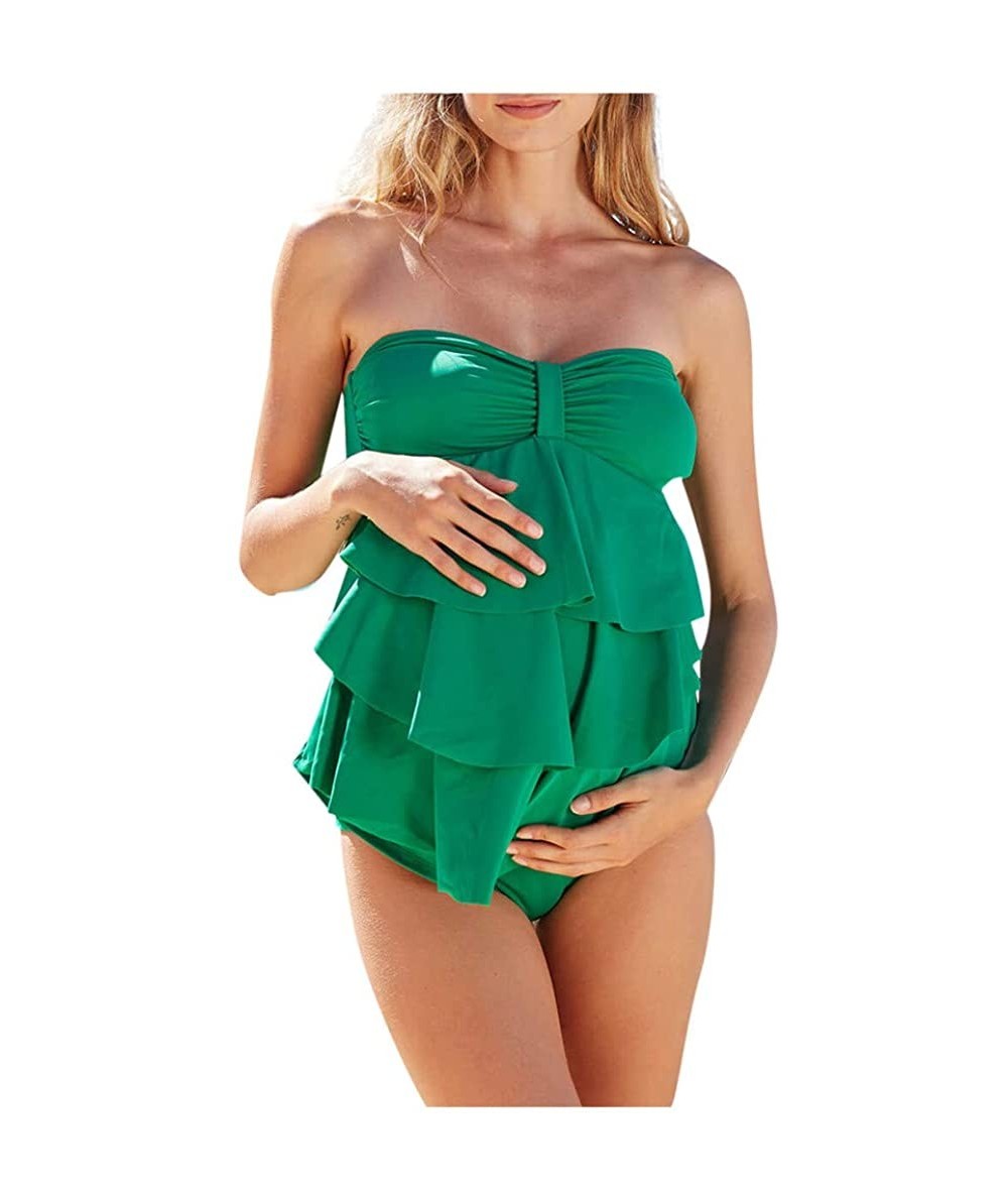 Tops Women Two Piece Women's Maternity Swimsuit Retro Solid Layered Flounce Tankini Swimwear Beachwear - Green - CT196ONRU2C ...