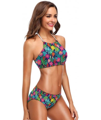 Sets Bikini Bathing Suit Womens 2 Piece Halter Neack High Waist Padded Sexy Swimsuit - Color25 - CX196U945NR $45.45