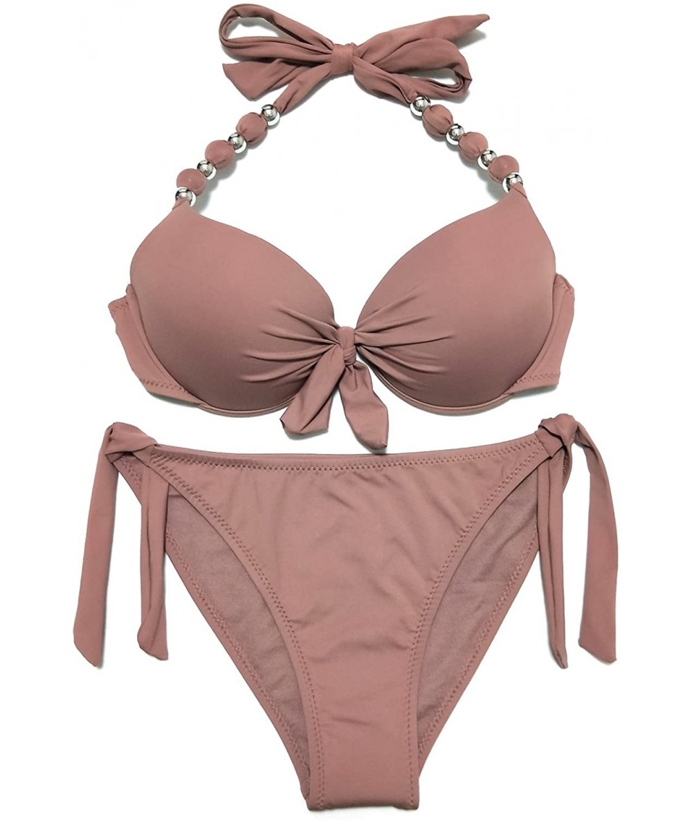 Sets Womens Removable Padded Push Up Bikini Set Tie Side Swimsuit Swimwear - Khaki - C318EYH799L $43.44