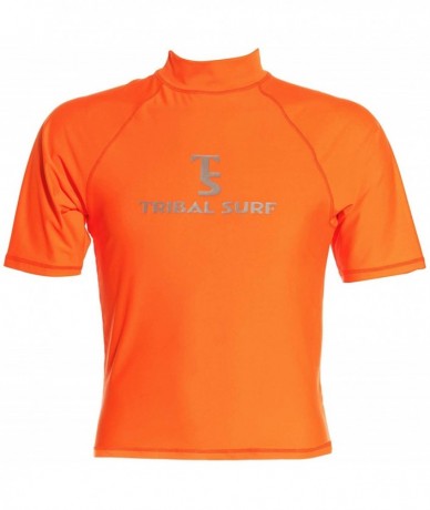 Rash Guards Tribal Surf Men's Rashguard Solids (Choose Color & Size) - Solid Orange/Grey Logo - C518Z3CNLE0 $32.28