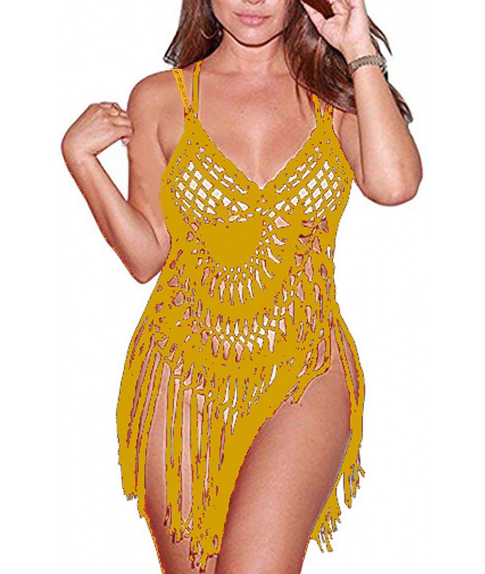 Cover-Ups Women's Sexy Lace Bathing Suit Handmade Crochet Tassel Bikini Cover Up Swimwear Summer Beach Dress - Yellow - CB184...