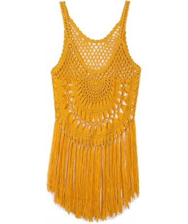 Cover-Ups Women's Sexy Lace Bathing Suit Handmade Crochet Tassel Bikini Cover Up Swimwear Summer Beach Dress - Yellow - CB184...