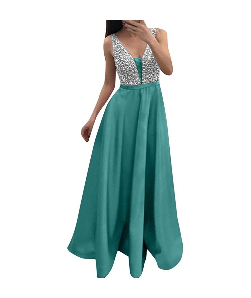 Rash Guards Women's Sexy Deep V Neck Sequin Glitter Bodycon Stretchy Party Floor Length Maxi Dress - Green - CR18TUE252N $43.38