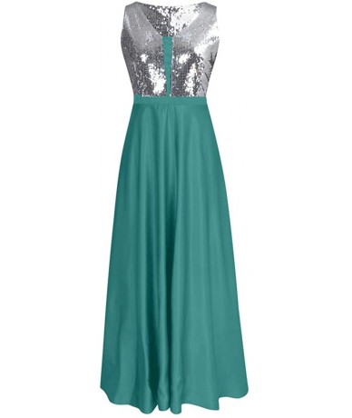 Rash Guards Women's Sexy Deep V Neck Sequin Glitter Bodycon Stretchy Party Floor Length Maxi Dress - Green - CR18TUE252N $43.38