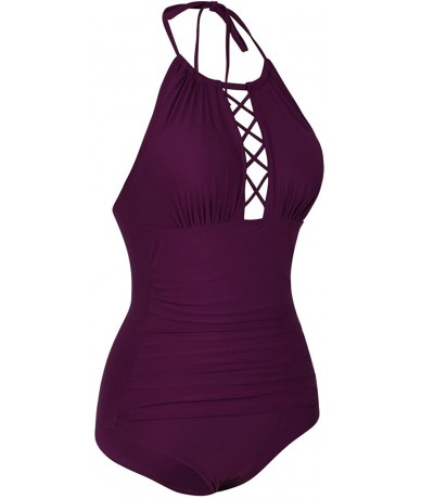 One-Pieces Women's One Piece Swimsuits Halter High Neck Ruched Long Torso Swimwear - Burgundy - C318DTWGOXG $45.98