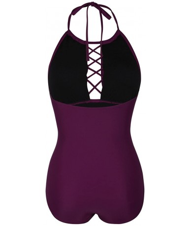 One-Pieces Women's One Piece Swimsuits Halter High Neck Ruched Long Torso Swimwear - Burgundy - C318DTWGOXG $45.98