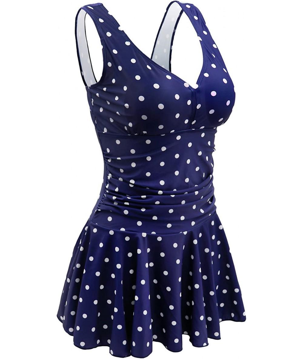 One-Pieces Women's One Piece Plus Size Swimsuits Tummy Control Swimwear Bathing Suits - Navy Polka Dot - CY18CU83QN0 $57.02