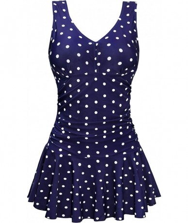 One-Pieces Women's One Piece Plus Size Swimsuits Tummy Control Swimwear Bathing Suits - Navy Polka Dot - CY18CU83QN0 $57.02