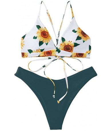 Sets Sunflower Swimsuits for Women Bikini Two Pieces Lace Up Bathsuit Swimwear Beachwear - A-blue - CB19C9MH7XI $32.59