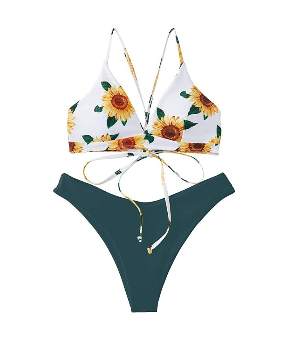 Sets Sunflower Swimsuits for Women Bikini Two Pieces Lace Up Bathsuit Swimwear Beachwear - A-blue - CB19C9MH7XI $32.59