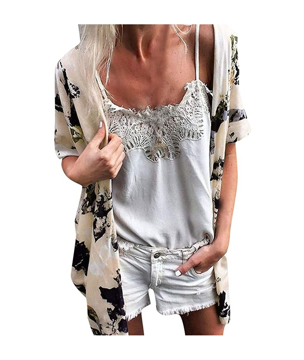 Cover-Ups Womens Kimono Cardigan- Floral Printed Boho Chiffon Short Tops Blouse - 2 Beige - CN18TUETL7K $28.70