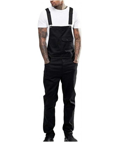 Board Shorts Men's Denim Bib Overalls Fashion Button Skinny Jeans Slim Long Jumpsuit Pants with Pockets - Black - C318AY28USW...