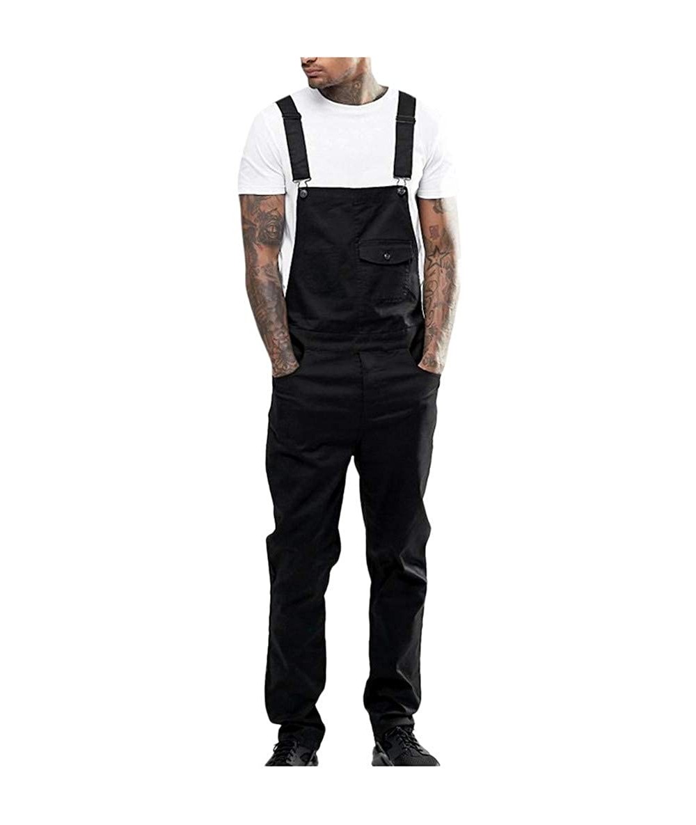 Board Shorts Men's Denim Bib Overalls Fashion Button Skinny Jeans Slim Long Jumpsuit Pants with Pockets - Black - C318AY28USW...