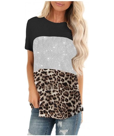 Tops Women Short Sleeve Casual Comfy Leopard Stripe Sequin Tunics Loose Tops Blouse T Shirt - Black - C3196ELKO43 $29.68