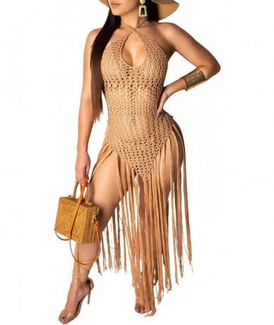 Cover-Ups Women's Sexy Lace Bathing Suit Crochet Tassel Bikini Cover Up Swimwear Summer Beach Dress - Khaki - C518X66RO4A $47.35