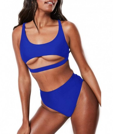 Sets Womens High Waisted Swimsuits Sports Bathing Suits Cutout Crop Swimwear Strappy Bikini Sets - Dark Blue - CR18AU0LEU5 $4...