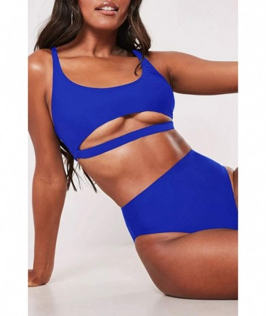 Sets Womens High Waisted Swimsuits Sports Bathing Suits Cutout Crop Swimwear Strappy Bikini Sets - Dark Blue - CR18AU0LEU5 $4...