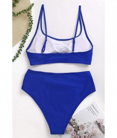 Sets Womens High Waisted Swimsuits Sports Bathing Suits Cutout Crop Swimwear Strappy Bikini Sets - Dark Blue - CR18AU0LEU5 $4...