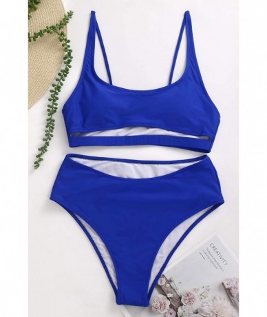 Sets Womens High Waisted Swimsuits Sports Bathing Suits Cutout Crop Swimwear Strappy Bikini Sets - Dark Blue - CR18AU0LEU5 $4...