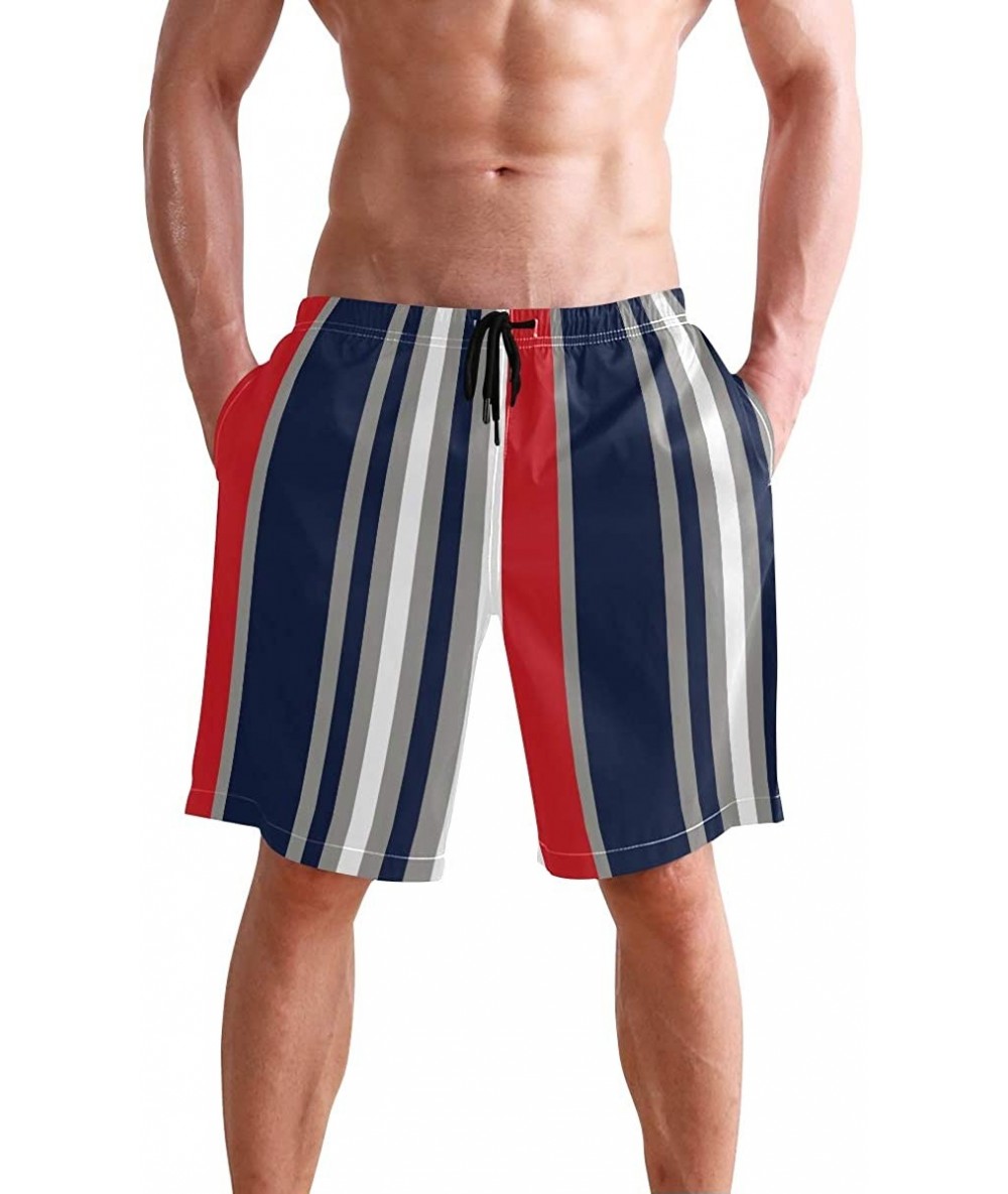 Board Shorts Mens Swim Trunks Navy Stripe Red White Grey Vertical Beach Board Shorts - CM18LU53IYC $39.27