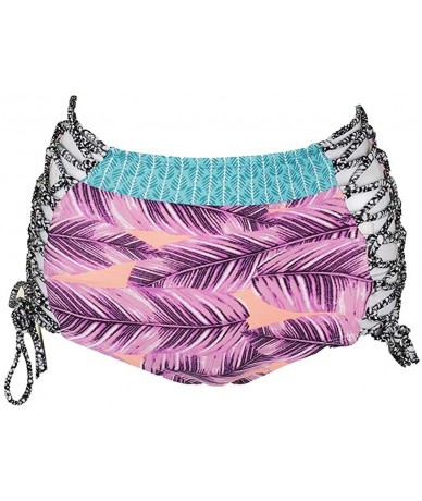 Bottoms Pink Green Leaf Breeze Printed Strappy High Waist Bikini Bottom S - C718OTKLLDA $25.61