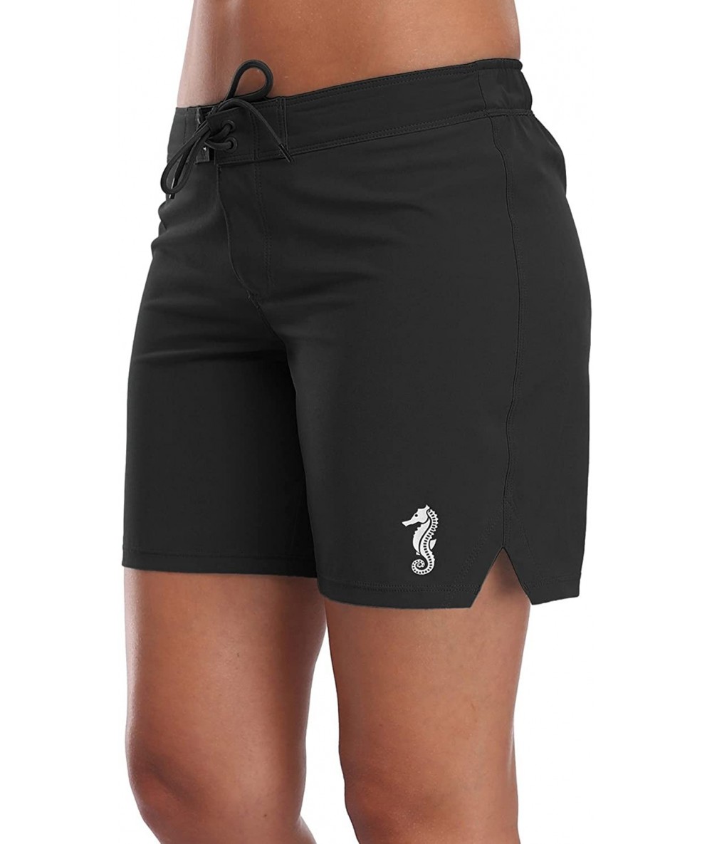 Board Shorts Women's Long Board Shorts with Pocket Quick Dry Swim Shorts Boardshorts - Black With Sea Horse - C7187IKNUAD $49.01