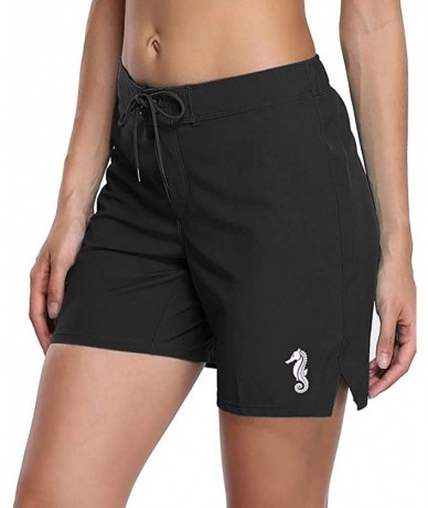 Board Shorts Women's Long Board Shorts with Pocket Quick Dry Swim Shorts Boardshorts - Black With Sea Horse - C7187IKNUAD $49.01