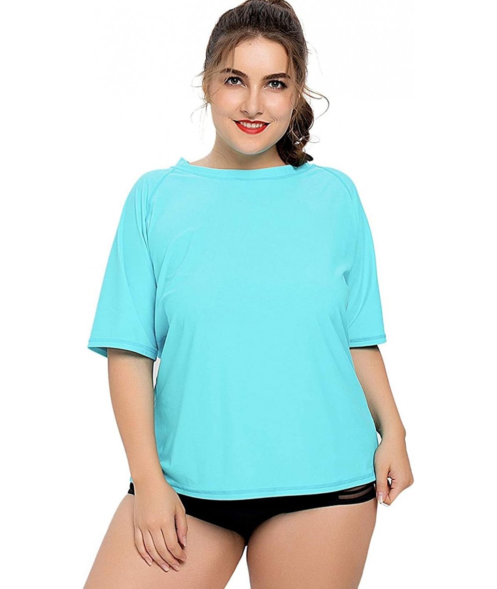 Rash Guards Women Plus Size Rash Guard Short Sleeve Rashguard UPF 50+ Swimming Shirt - Solid Aqua - CV18S5M695X $48.86