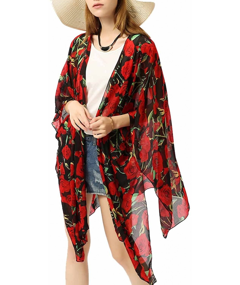 Cover-Ups Women's Floral Sheer Chiffon Beach Cover Up Kimono Cardigan Blouse Top - Black and Red Flower - CD18CAOQWRO $22.94