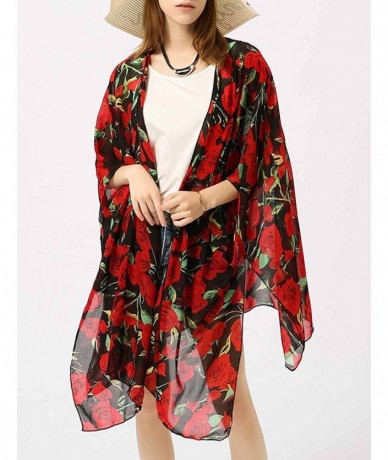 Cover-Ups Women's Floral Sheer Chiffon Beach Cover Up Kimono Cardigan Blouse Top - Black and Red Flower - CD18CAOQWRO $22.94