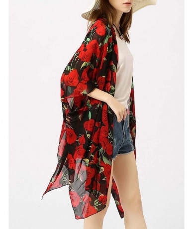 Cover-Ups Women's Floral Sheer Chiffon Beach Cover Up Kimono Cardigan Blouse Top - Black and Red Flower - CD18CAOQWRO $22.94