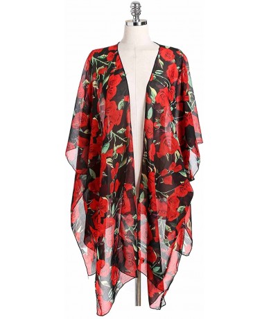 Cover-Ups Women's Floral Sheer Chiffon Beach Cover Up Kimono Cardigan Blouse Top - Black and Red Flower - CD18CAOQWRO $22.94