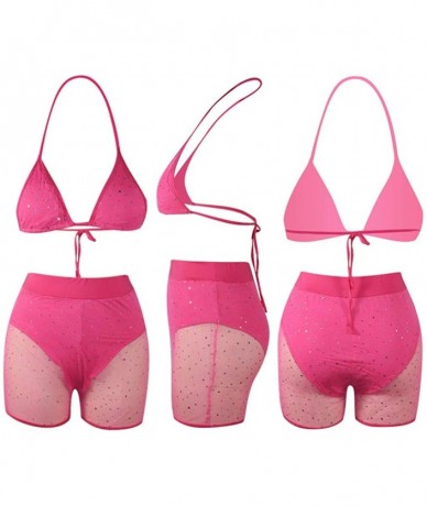 Sets Women Halter Diamond Decor Padded Push Up High Waisted Thong Boyshort Fake Mesh Bikini Set 2 Piece Swimsuit Pink - C318T...