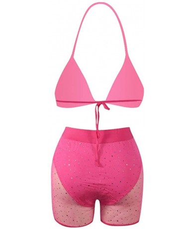 Sets Women Halter Diamond Decor Padded Push Up High Waisted Thong Boyshort Fake Mesh Bikini Set 2 Piece Swimsuit Pink - C318T...