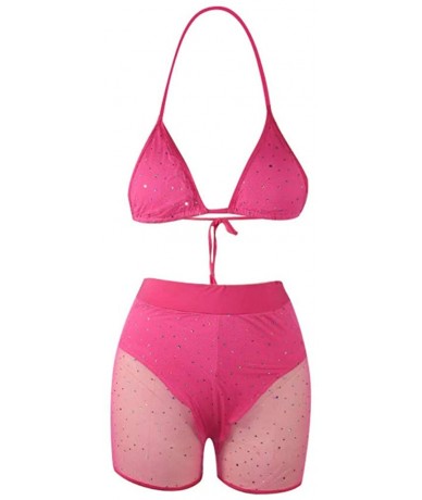 Sets Women Halter Diamond Decor Padded Push Up High Waisted Thong Boyshort Fake Mesh Bikini Set 2 Piece Swimsuit Pink - C318T...