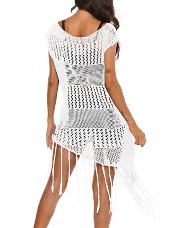 Cover-Ups Women's Sexy Handmade Crochet Bikini Swimsuit Cover Hollow Out Tassels Beach Dress - White - C4196GQA48C $44.98