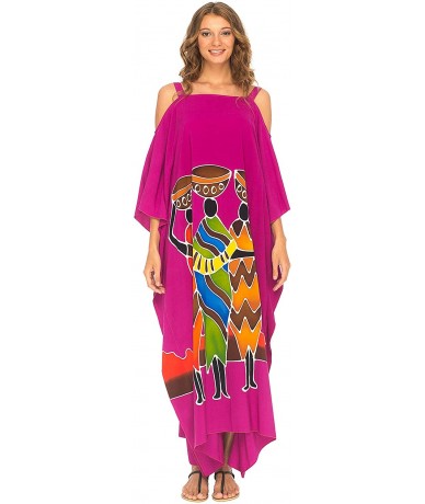 Cover-Ups Womens Kaftan Maxi Dress Cold Shoulder Casual Long Beach Cover Up Plus Size Caftan - Family Fuchsia - CW18EA2IQ55 $...