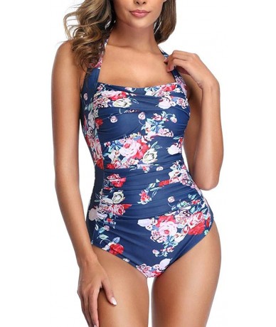 One-Pieces Solid Color Micro Bikini for Women Halter Backless Shirred Bathing Suit Padded Monokini - Navy - CH1979RI0GM $38.51