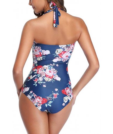 One-Pieces Solid Color Micro Bikini for Women Halter Backless Shirred Bathing Suit Padded Monokini - Navy - CH1979RI0GM $38.51