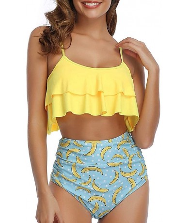 Bottoms Swimsuits for Women Two Piece Bathing Suits Ruffled Flounce Top with High Waisted Bottom Bikini Set - F-yellow - CT19...