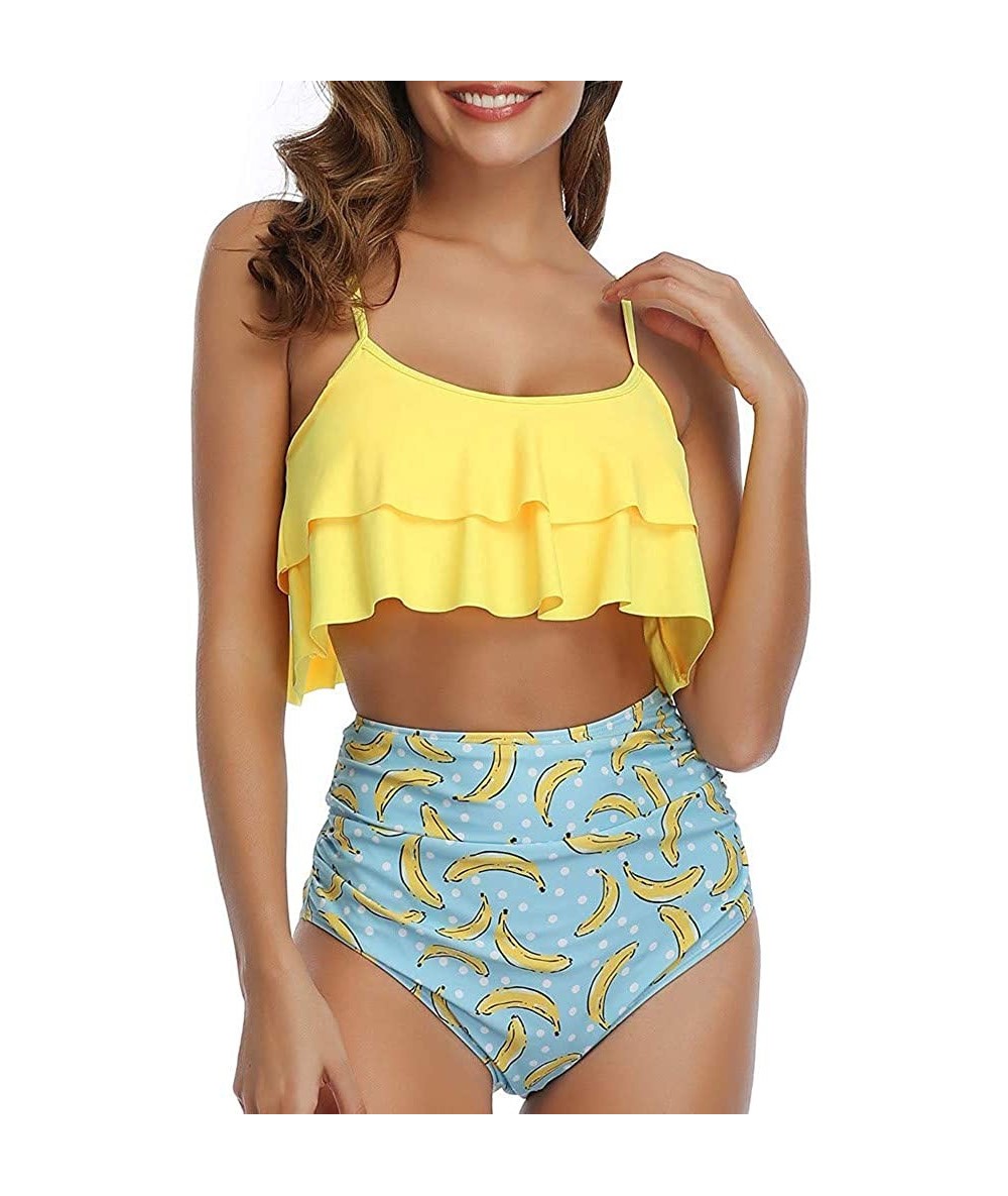 Bottoms Swimsuits for Women Two Piece Bathing Suits Ruffled Flounce Top with High Waisted Bottom Bikini Set - F-yellow - CT19...