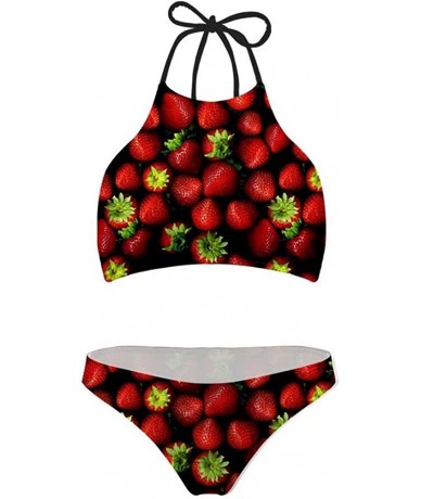 Sets Women High Neck Top Bikini Charming Bottom 2PCS Swimsuit - Strawberries - CF18OOEH060 $39.87