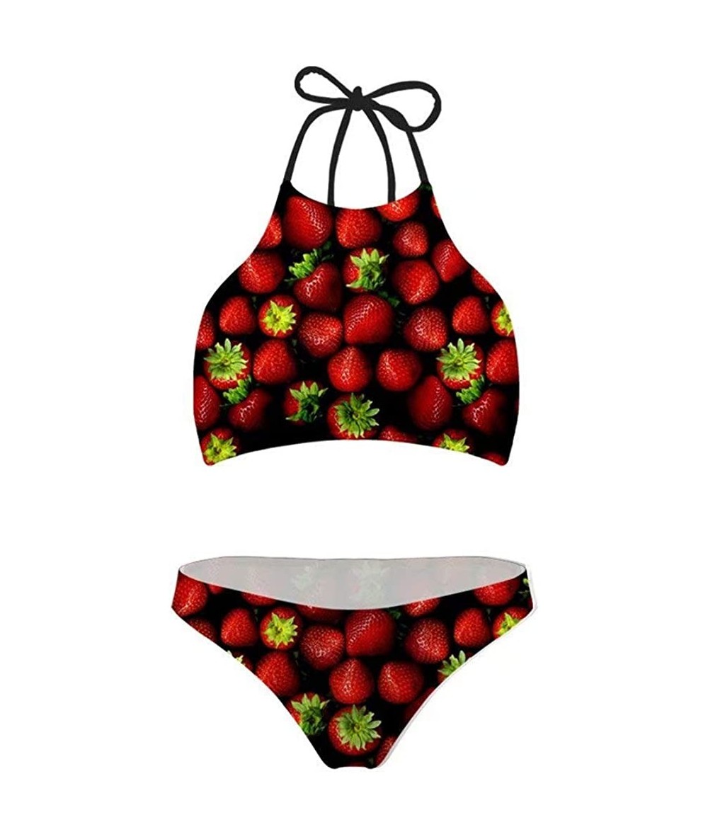 Sets Women High Neck Top Bikini Charming Bottom 2PCS Swimsuit - Strawberries - CF18OOEH060 $39.87