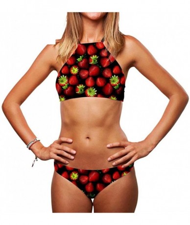 Sets Women High Neck Top Bikini Charming Bottom 2PCS Swimsuit - Strawberries - CF18OOEH060 $39.87