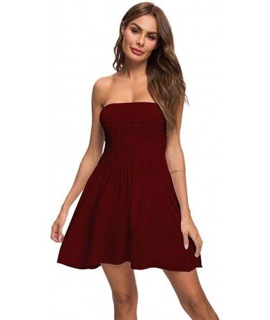 Cover-Ups Tube Top Dresses for Women's Summer Sexy Strapless Swing Beach Mini Dress - Wine - CC190G5EN2D $34.85