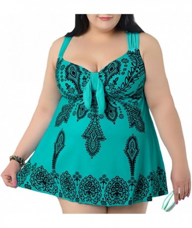 One-Pieces Women's Plus-Size Swimsuit Retro Print Two Piece Pin up Tankini Swimwear - Tile Blue - CG12IDG7HUP $63.61