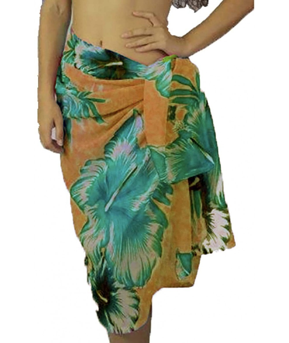 Cover-Ups Sheer Chiffon Swim Beach Sarong Pareo Wrap Swim Cover-up - Orange W/ Green Flowe - CK18Q0NITO4 $26.19