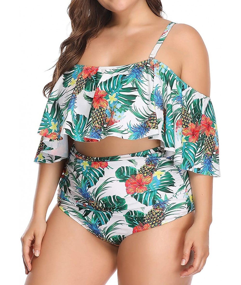 Sets Plus Size Swimsuits for Women High Waisted Bikini Off Shoulder Two Piece Bathing Suits - White Pineapple - CX19007MD9A $...